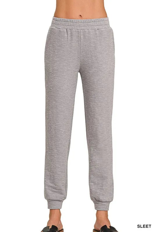 Zenana Cotton Slub Jogger Pants in Sleet