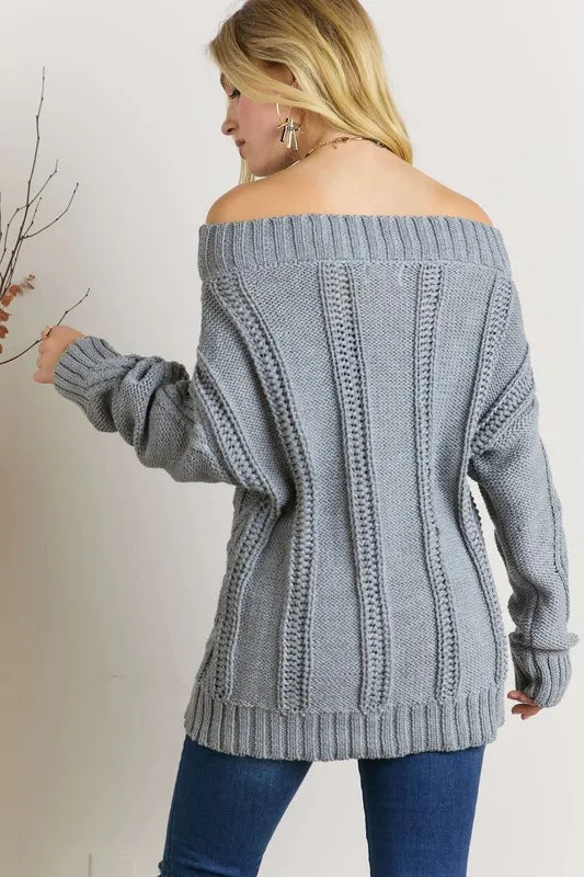 ADORA Cable Knit Off Shoulder Sweater in Grey