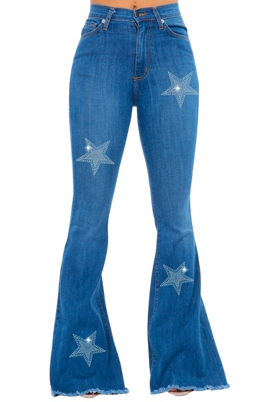 GJG Denim Star Rhinestone Bell Bottom Blue