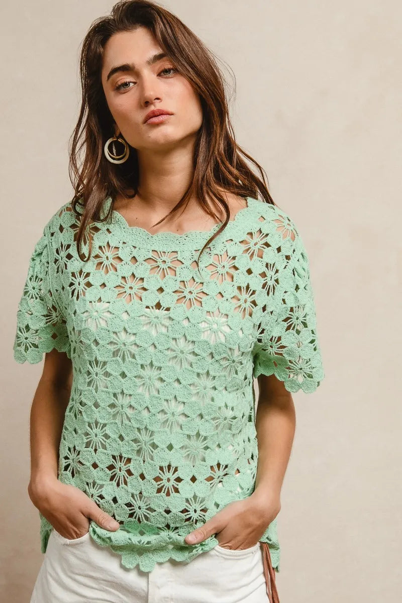 BiBi Openwork Crochet Short Sleeve Knit Top