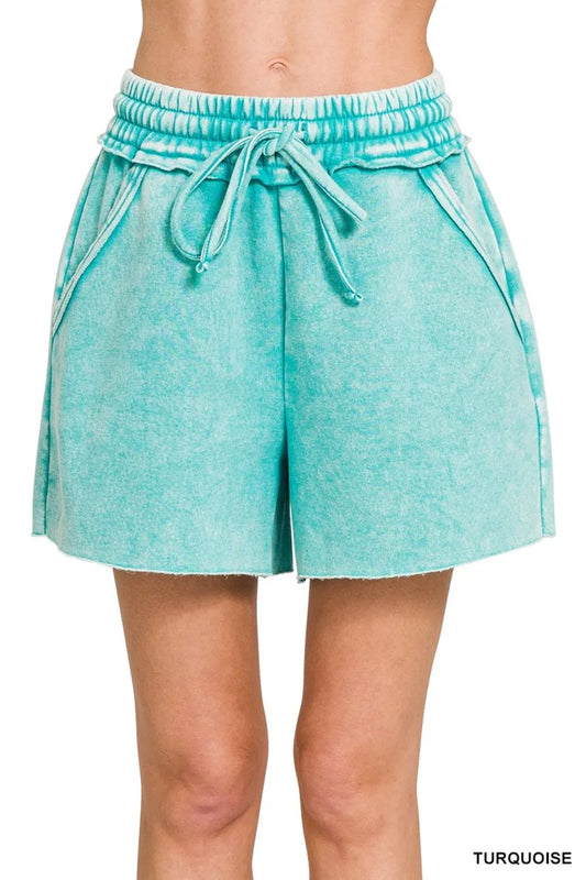 Zenana Acid Wash Fleece Drawstring Shorts With Pockets in Turqoise