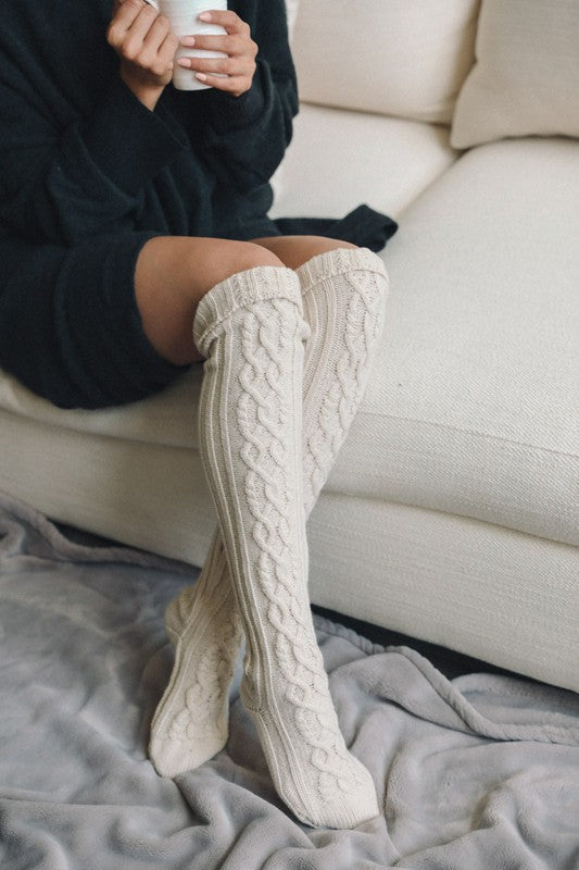 Leto Accessories Knee High Cable Knit Socks