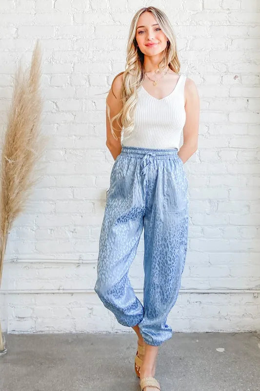 And The Why Satin Leopard Print Joggers in Blue