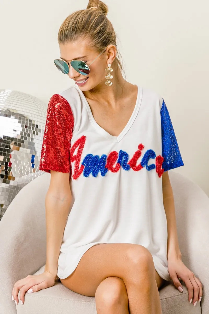 BiBi Metallic Letter V-neck Sequin Sleeves Top in Cream