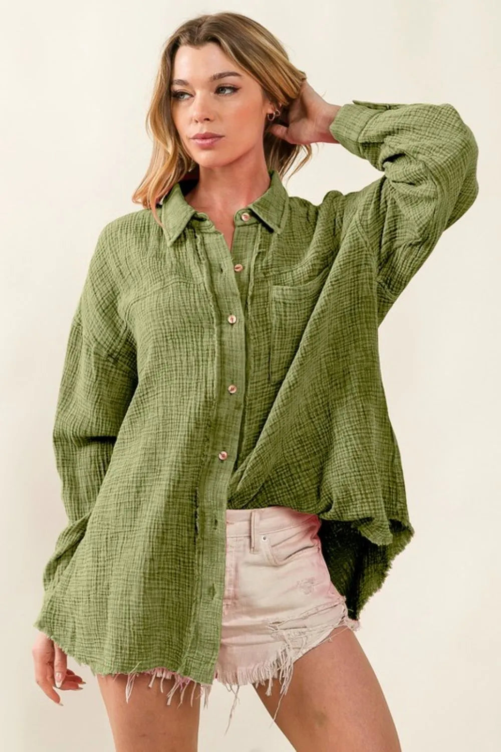 BiBi Raw Edge Detailed Mineral Washed Loose Fit Shirt in Olive