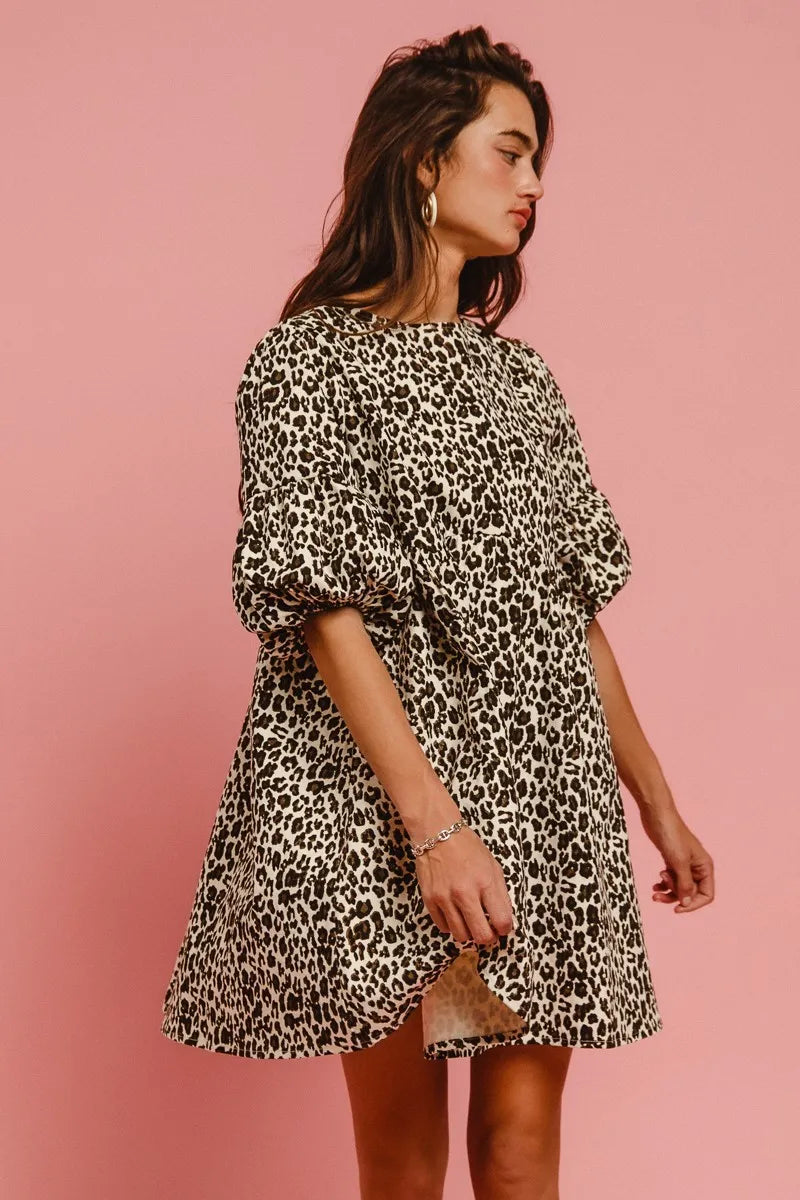 BiBi Leopard Denim Dress With Back Contrast Tie Detail