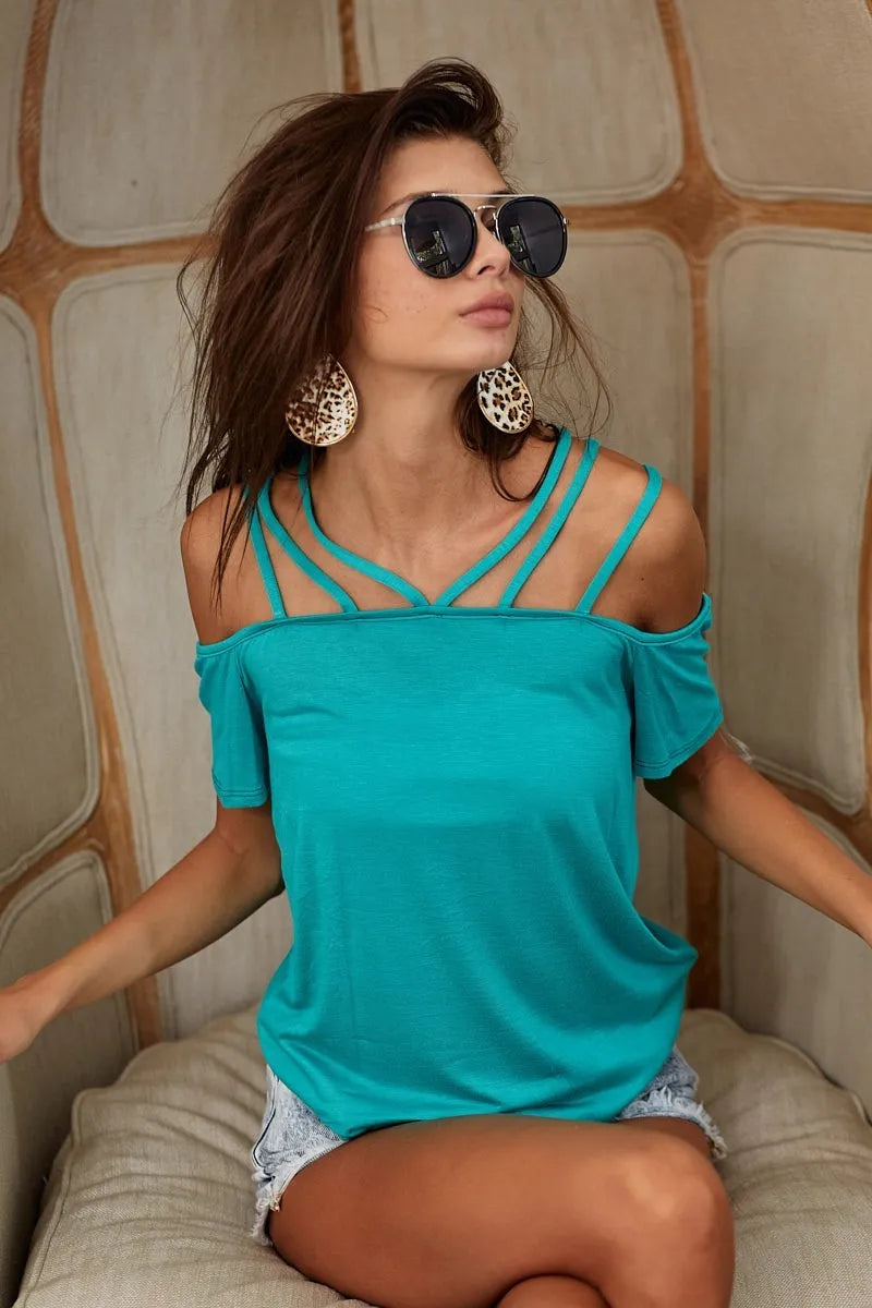 BiBi Rayon Span Jersey Lace Up Shoulder Detailed Top in Teal