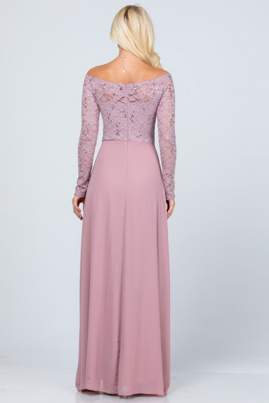 La Scala Long Sleeve Lace and Chiffon A-Line Gown