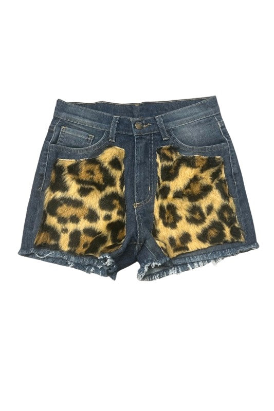 GJG Denim Leopard Faux Fur Pocket Denim Short