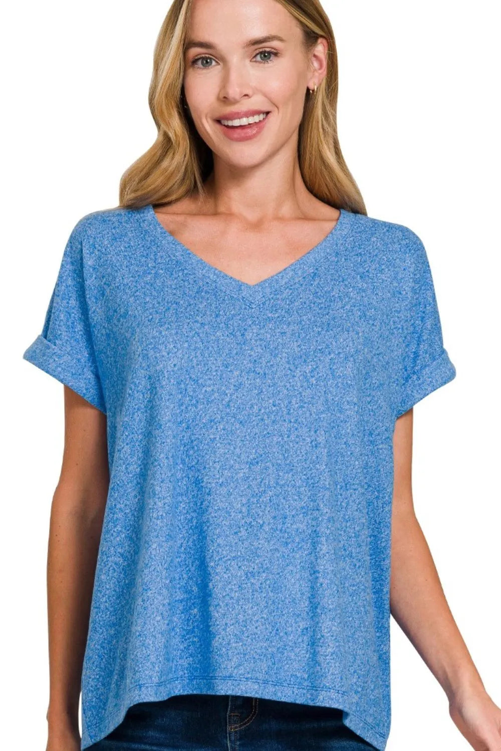 Zenana Soft Melange Hacci V-neck Tee in Blue