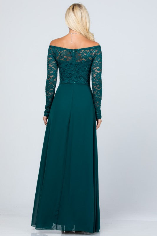 La Scala Long Sleeve Lace and Chiffon A-Line Gown