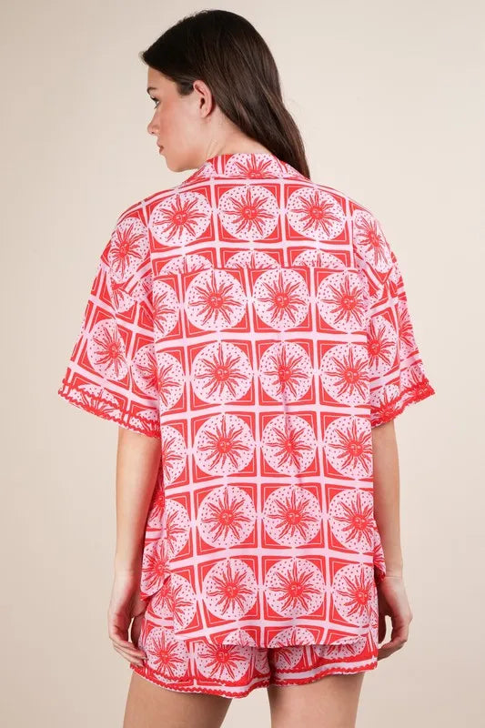 VERY J Tropical Printed Shirt Top and Shorts Set in Tomato