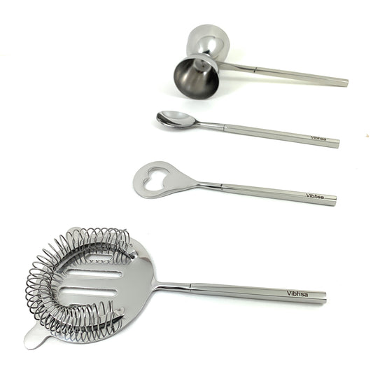 Vibhsa Bar Tools Accessories & Bartending Kit set of 4 for Home Bar (Silver)