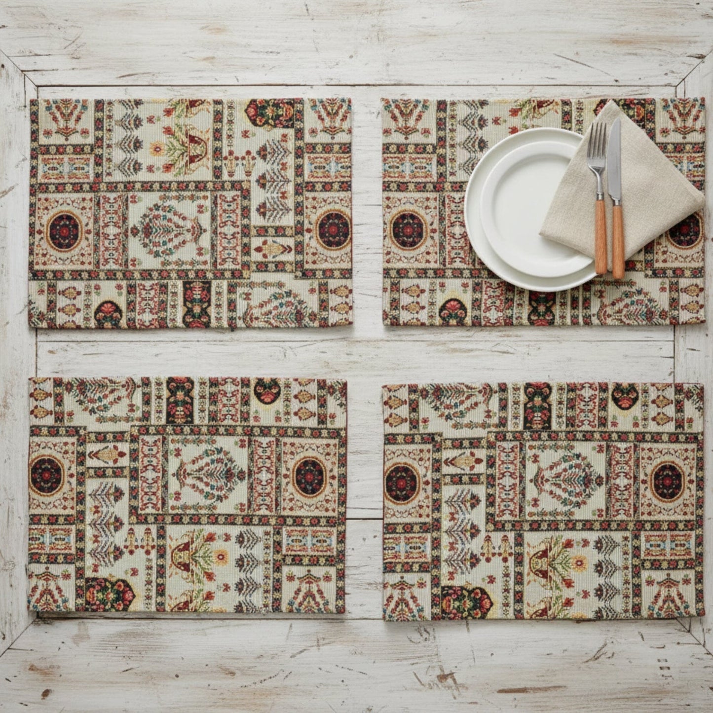 DaDalogy Bedding Set of 4-Pieces Light White Mughal Floral Botanical Cottage Fleur Tapestry Placemats 13” x 19” (18196)