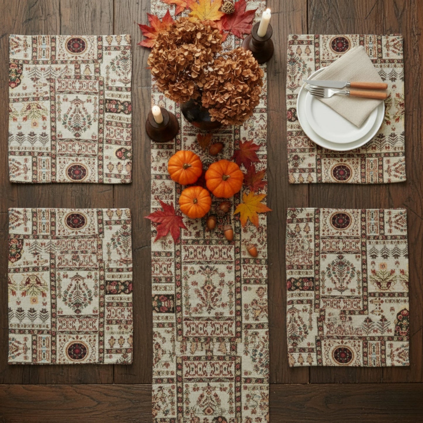 DaDalogy Bedding Set of 4-Pieces Light White Mughal Floral Botanical Cottage Fleur Tapestry Placemats 13” x 19” (18196)