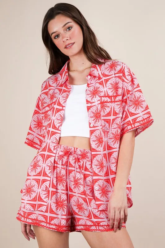 VERY J Tropical Printed Shirt Top and Shorts Set in Tomato