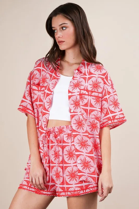 VERY J Tropical Printed Shirt Top and Shorts Set in Tomato