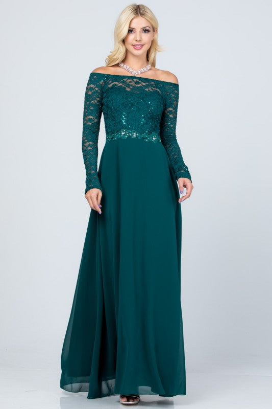 La Scala Long Sleeve Lace and Chiffon A-Line Gown