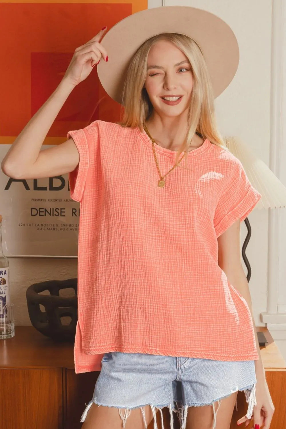 Zenana Woven Double Gauze Acid Washed Sleeve Top in Coral