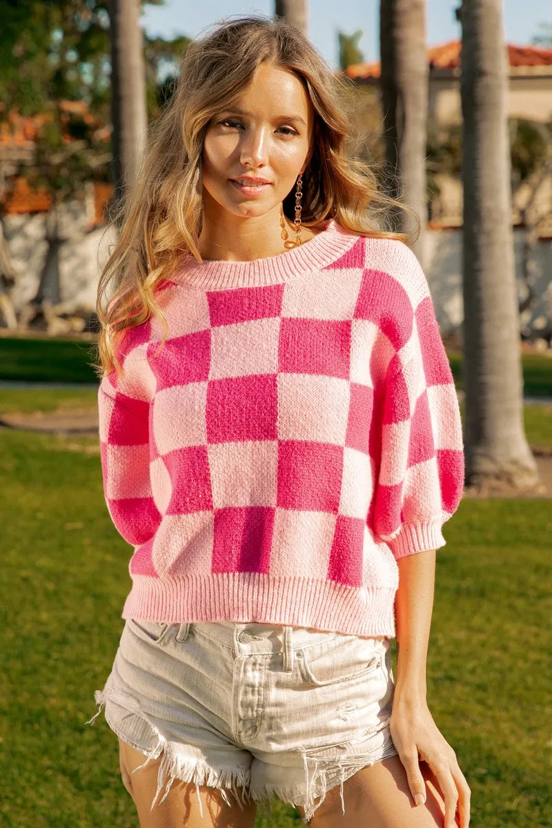 BiBi Check Pattern Short Puff Sleeve Sweater Top