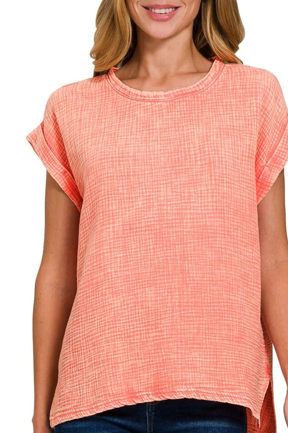 Zenana Woven Double Gauze Acid Washed Sleeve Top in Coral