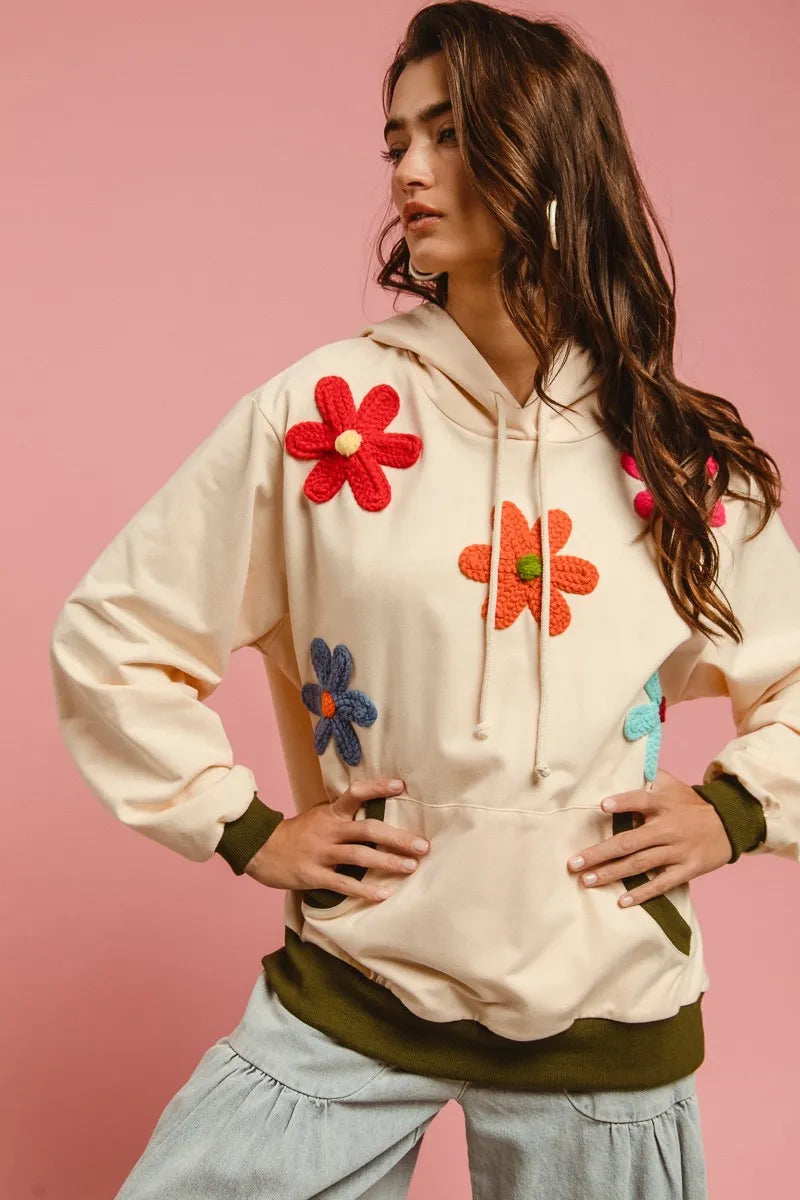 BiBi Patched Hoodie Top in Oatmeal