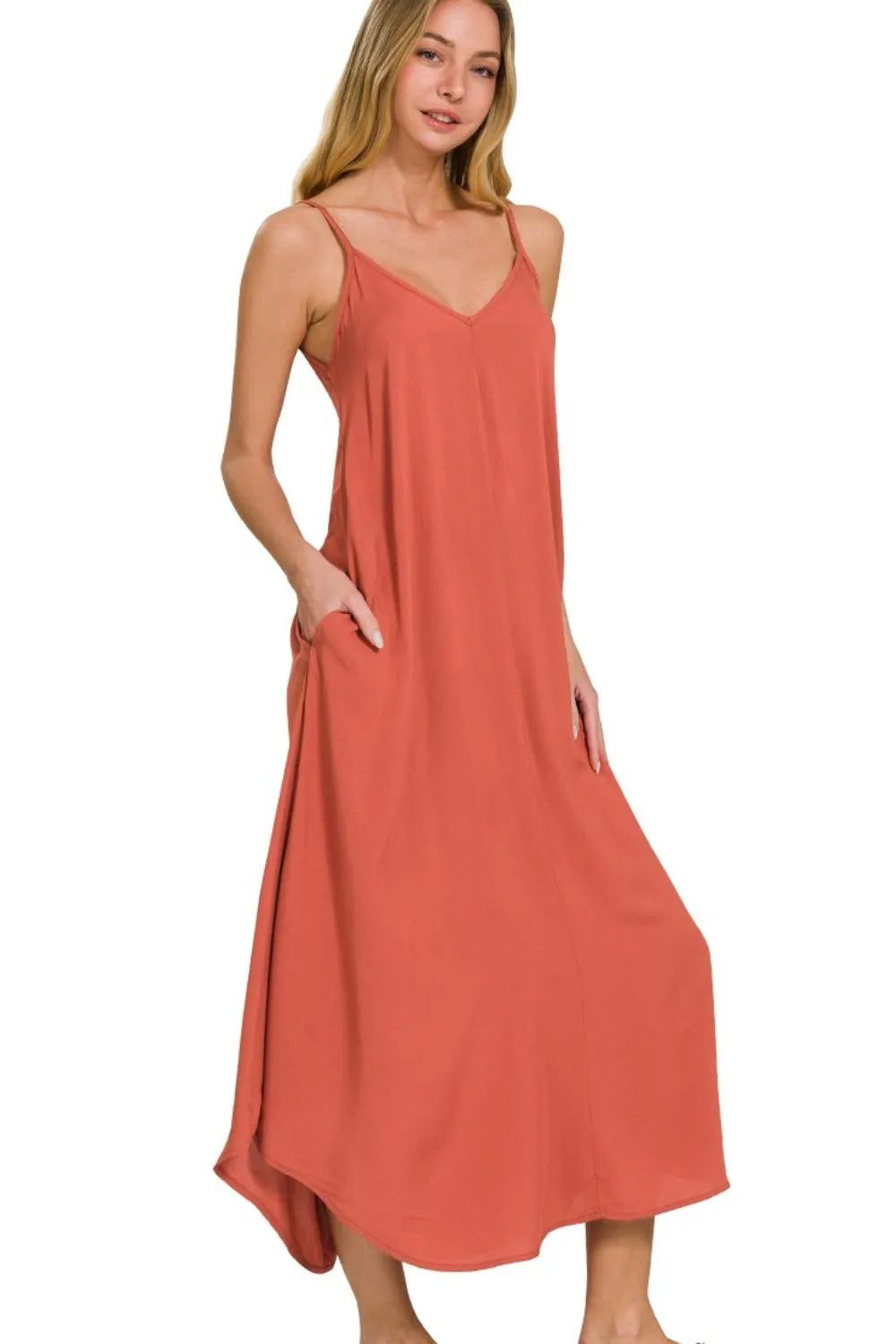 Zenana Woven Arc Hem Cami Midi Dress With Flowy Pockets