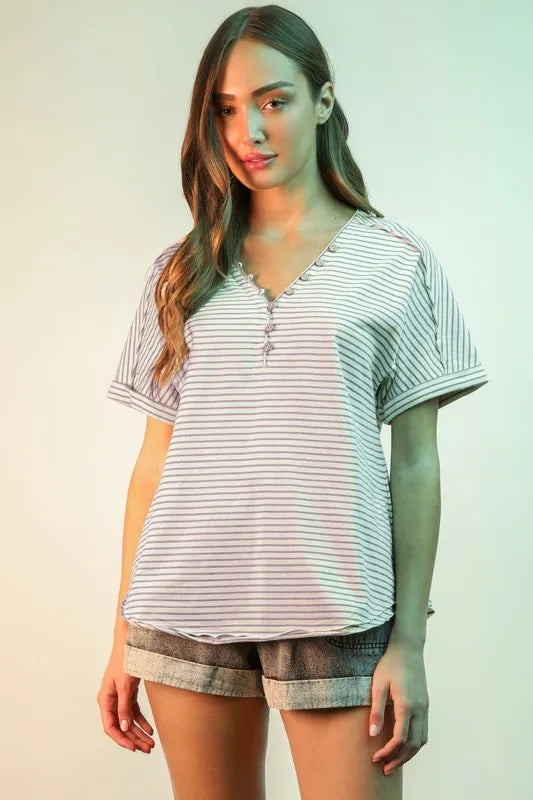 VERY J Striped V-Neck Short Sleeve T-Shirt in Lavender