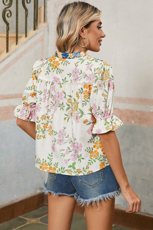 Multicolour V Neck Half Sleeve Boho Floral Blouse