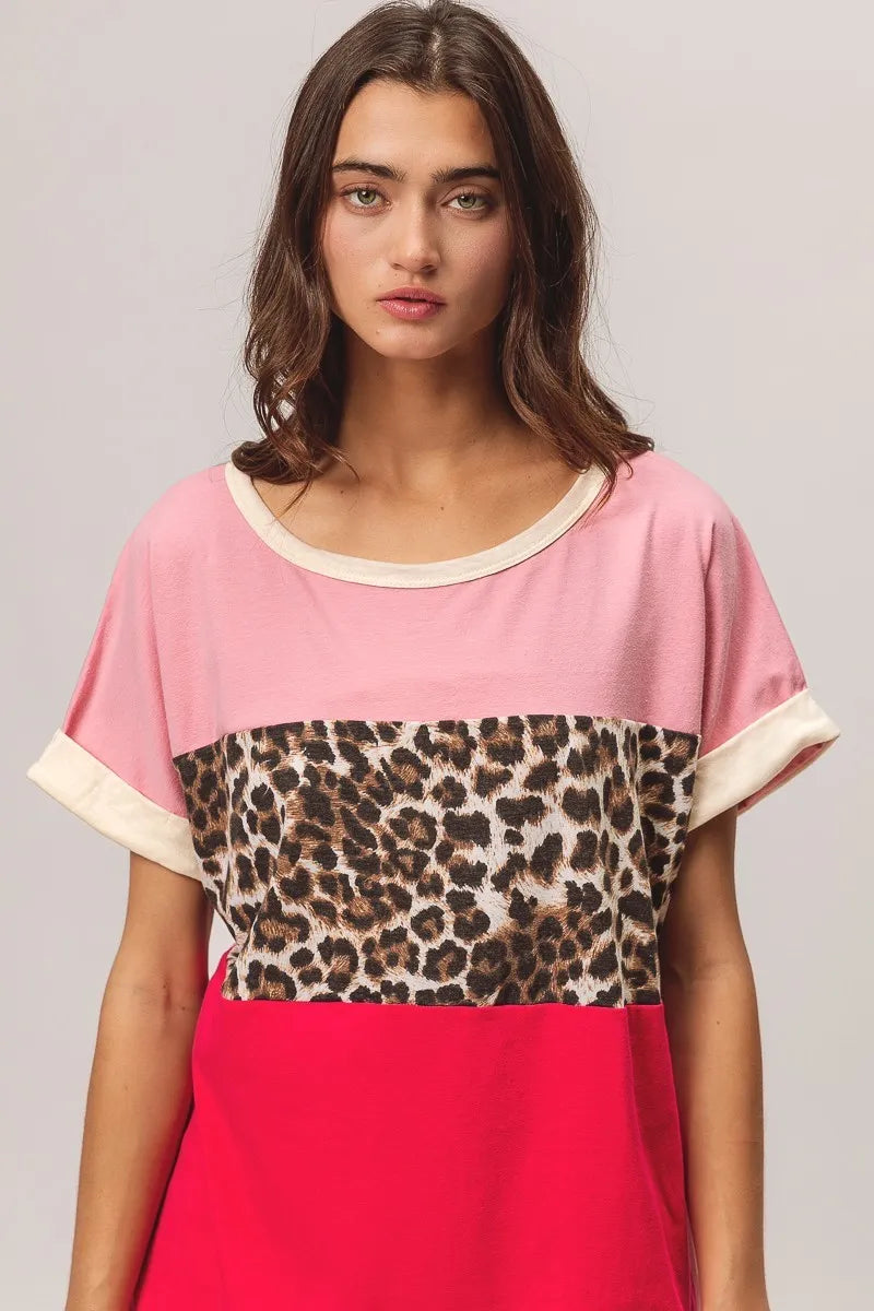BiBi Leopard Printed Jersey  Color Block Roll Up in Pink
