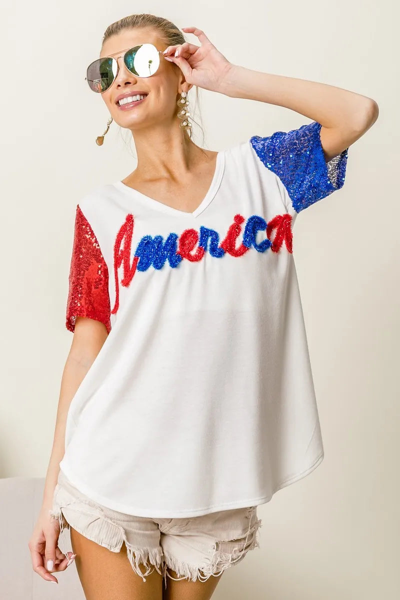BiBi Metallic Letter V-neck Sequin Sleeves Top in Cream
