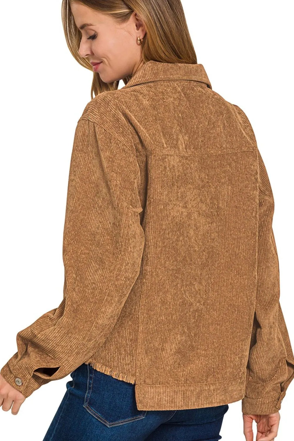 Zenana Distressed Corduroy Frayed Hem Cropped Jacket in Camel