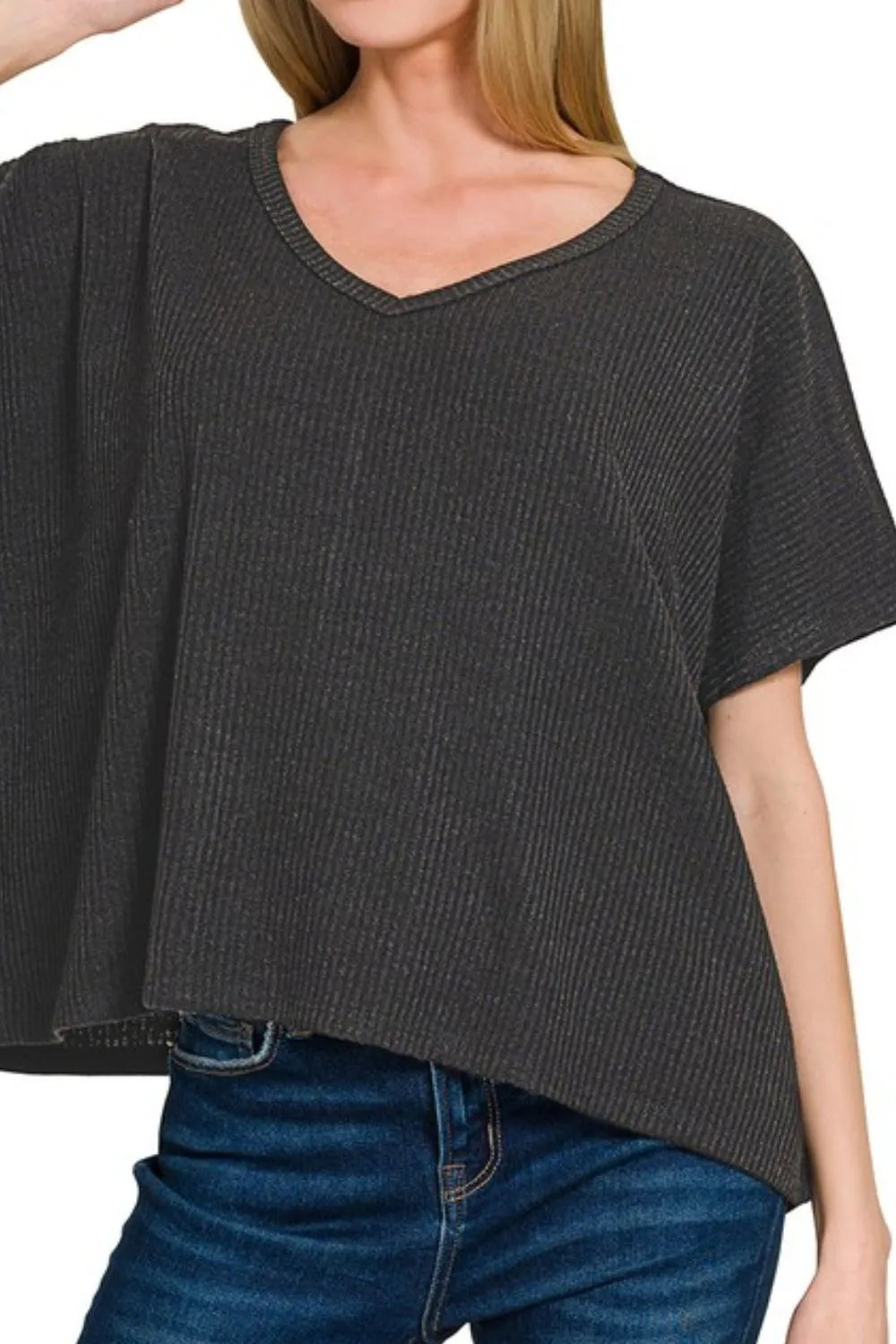 Zenana Ribbed V-Neck Short-Sleeve Knit Top in Black