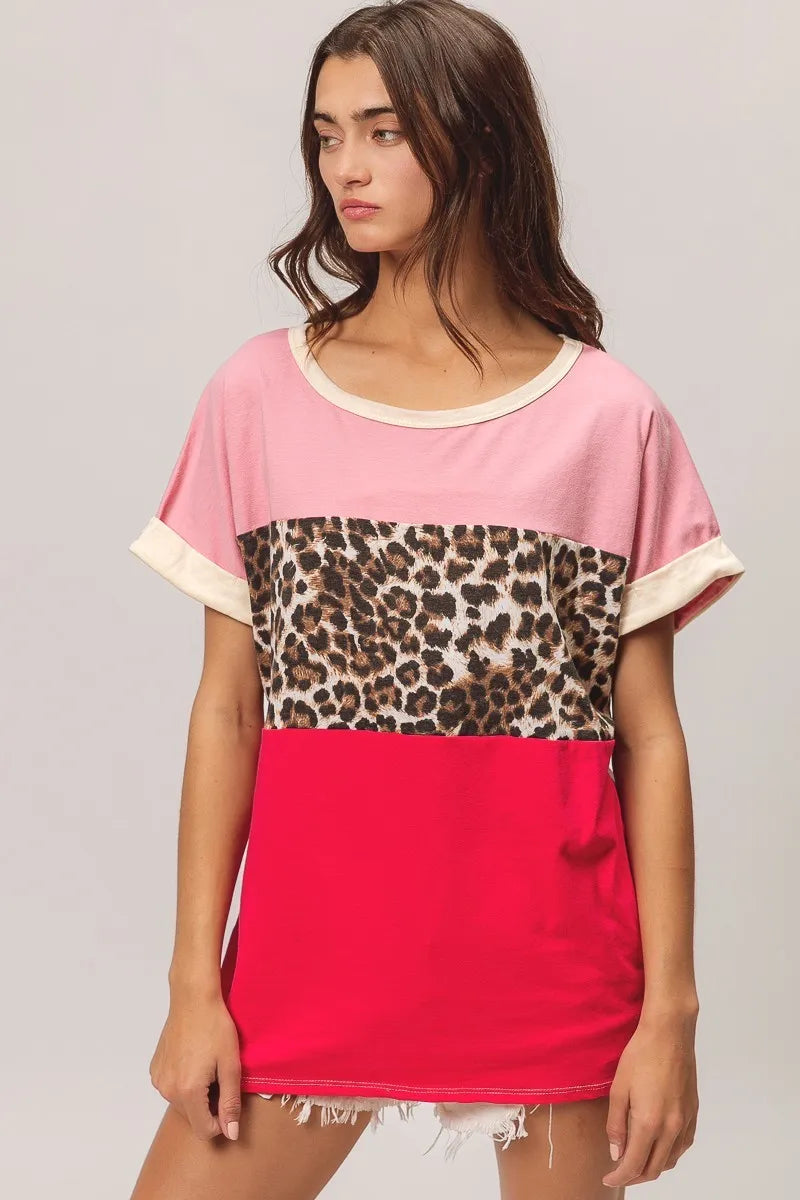 BiBi Leopard Printed Jersey  Color Block Roll Up in Pink