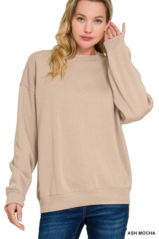 Zenana Fleece Crewneck Long Sleeve Sweatshirt in Mocha