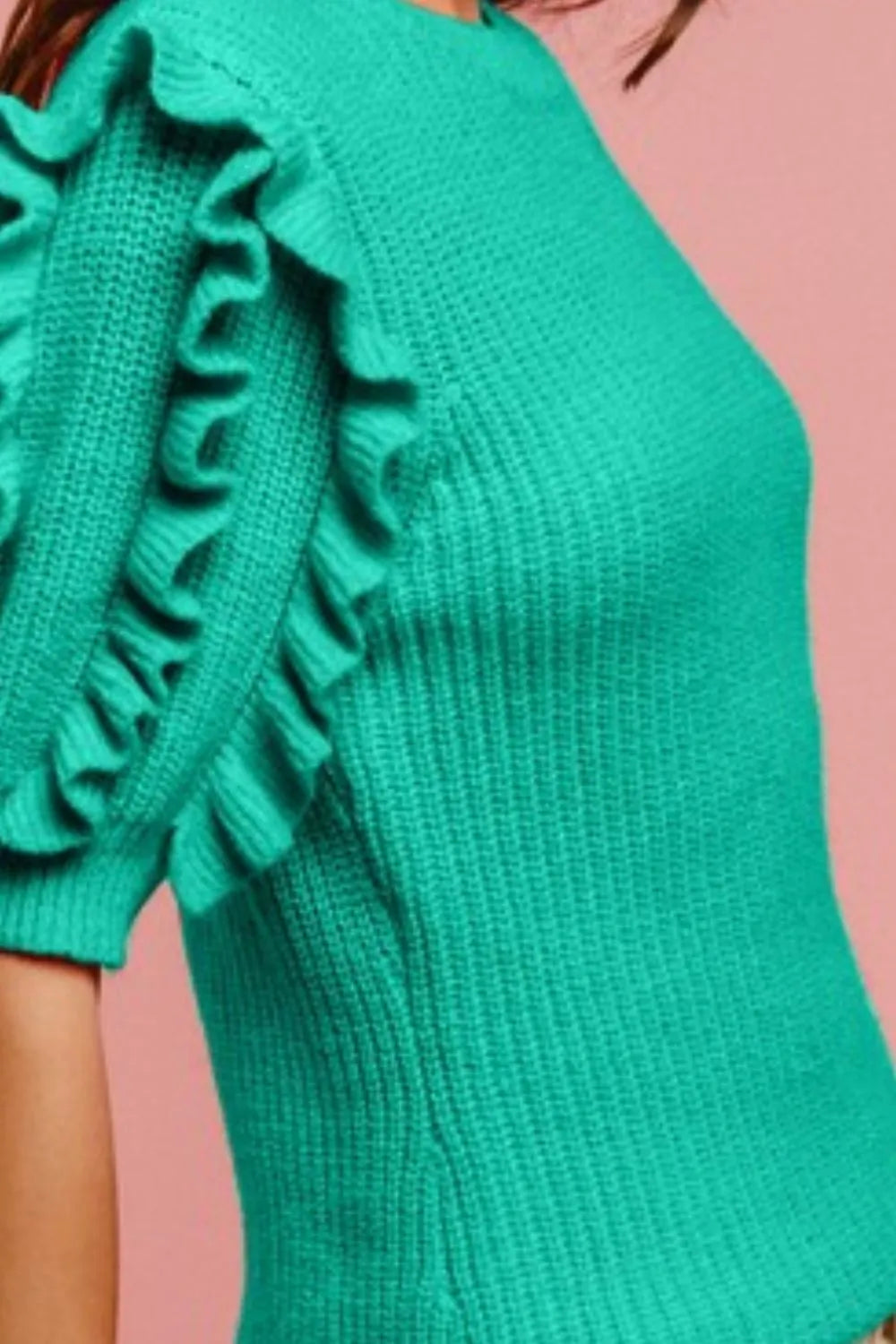 BiBi Solid Knit Ruffled Sleeves Top in Jade