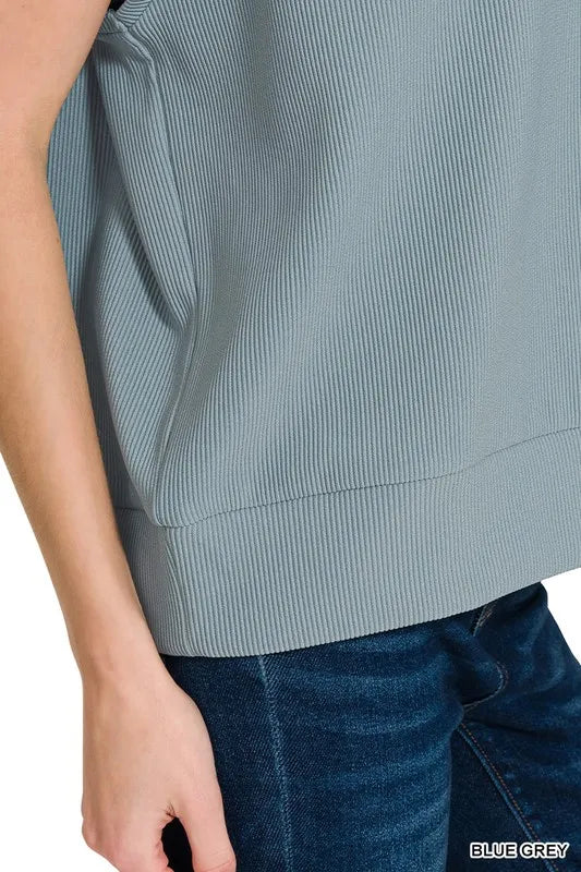 Zenana Ribbed High Neck Half Zip Top in Blue Grey