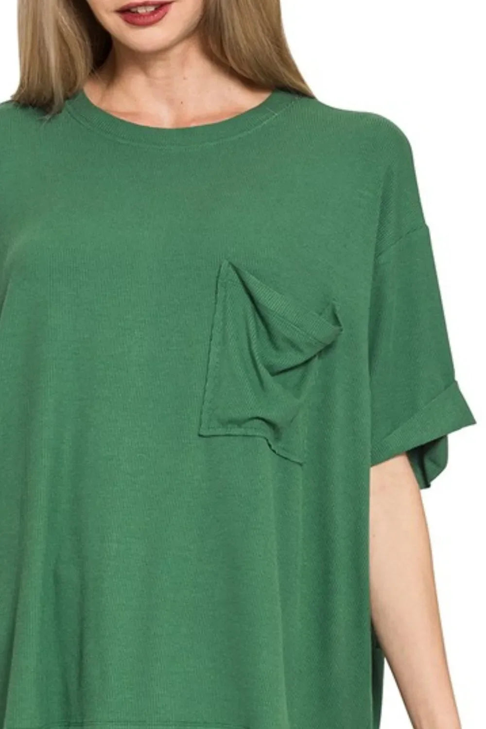Zenana Oversized Ribbed Round Neck Short Sleeve Tee in Green