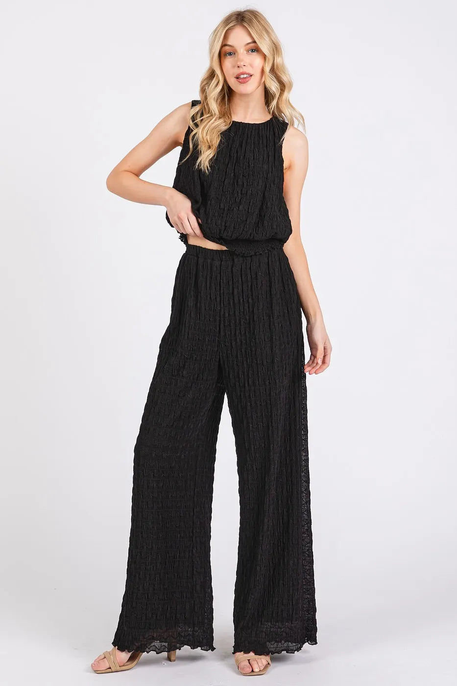 Mittoshop Textured Stretchy Crop Tank and Pants Set in Black