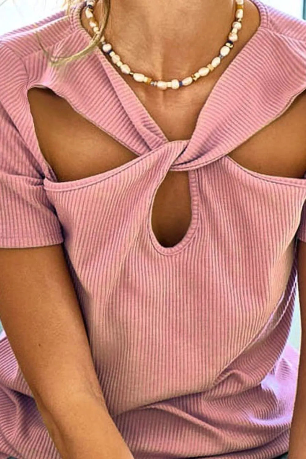 BiBi Rib Knit with Cut Out and Front Twist Detailed Top in Mauve