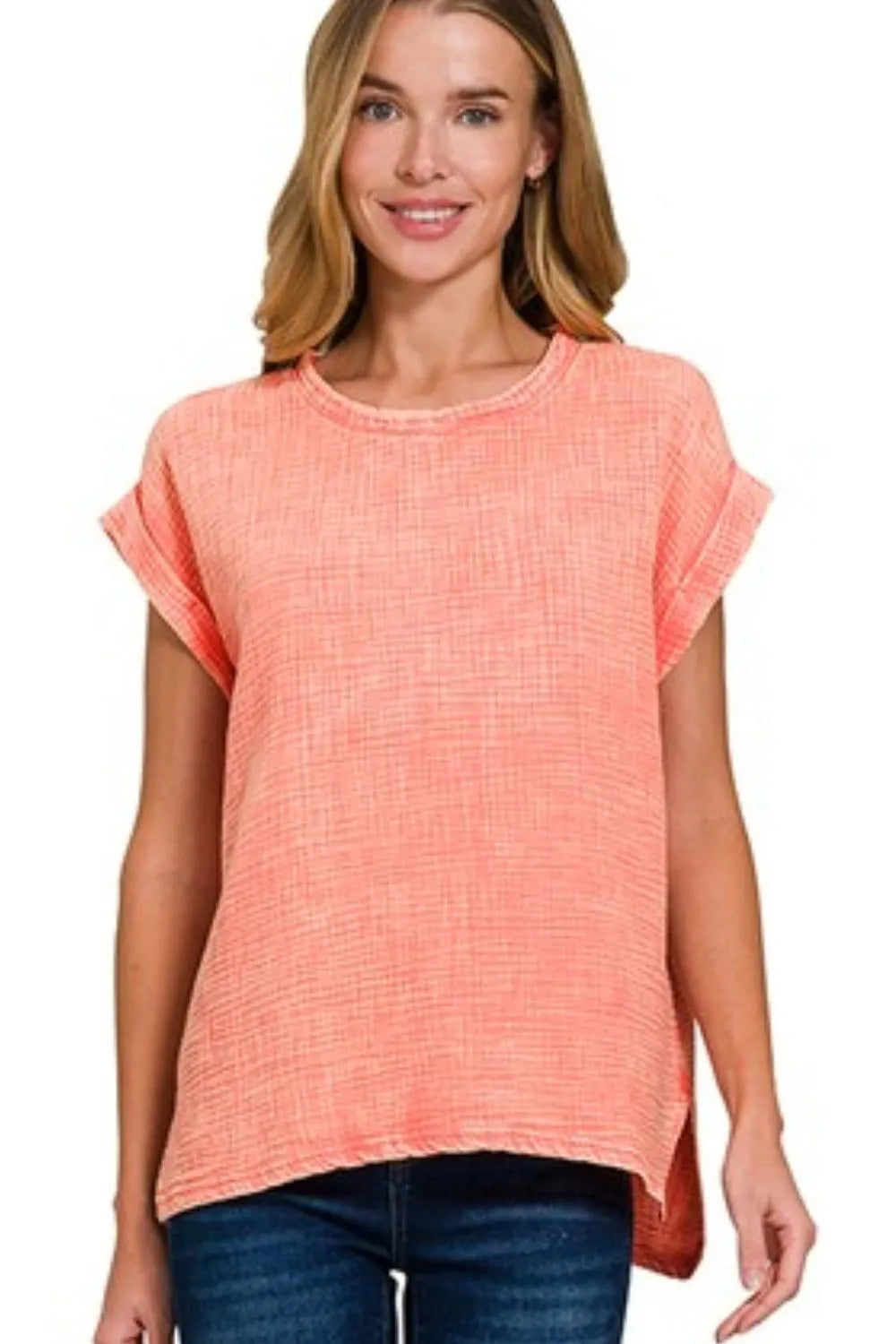 Zenana Woven Double Gauze Acid Washed Sleeve Top in Coral