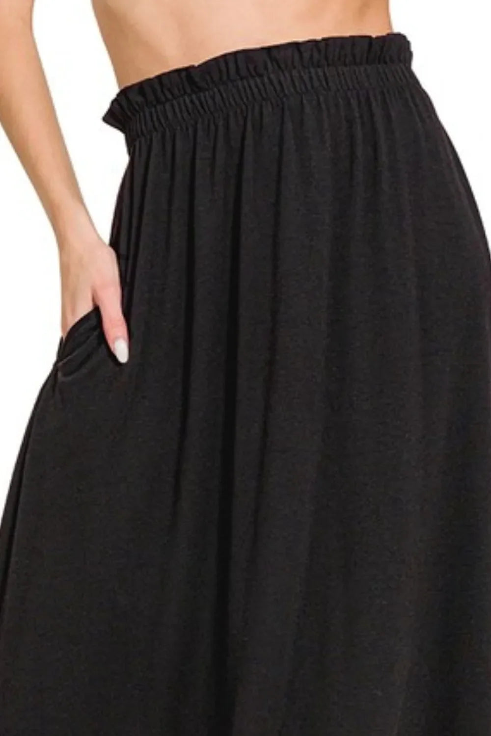 Zenana Paperbag Waist Midi Skirt With Pockets in Black