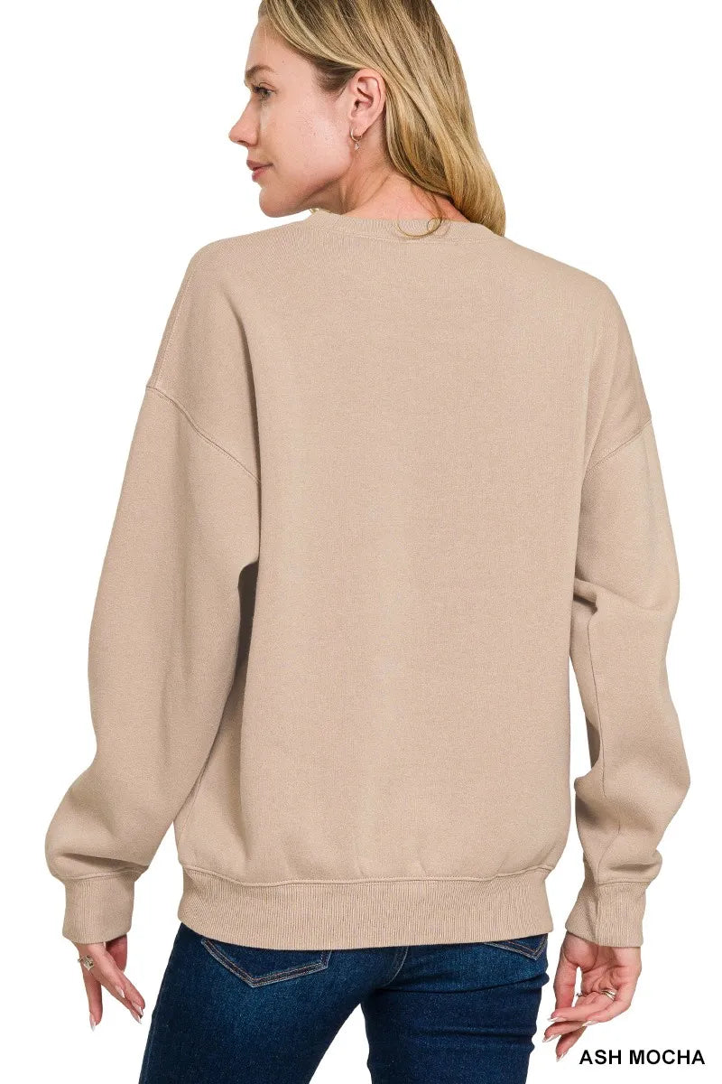 Zenana Fleece Crewneck Long Sleeve Sweatshirt in Mocha