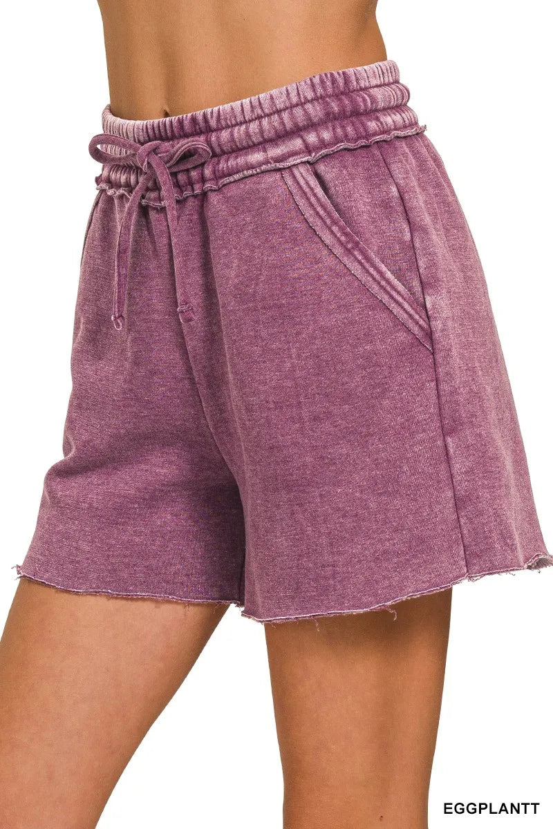 Zenana Acid Wash Fleece Drawstring Shorts With Pockets in Eggplant