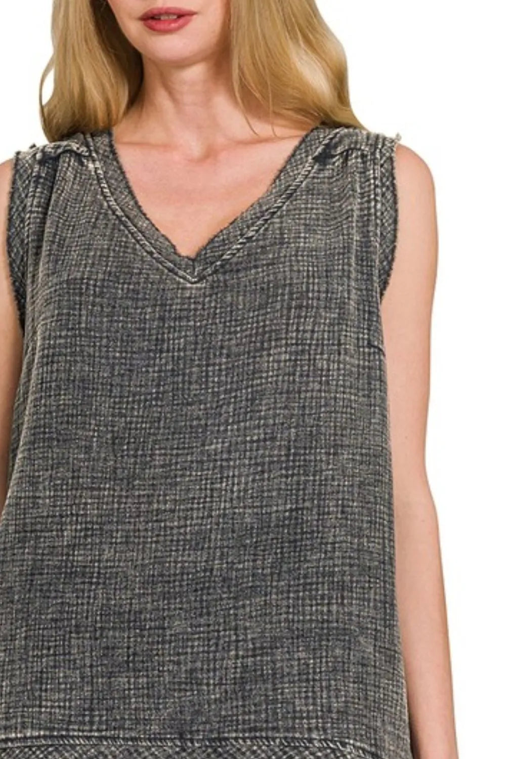 Zenana Double Gauze Raw Edge Acid Washed Tank in Black