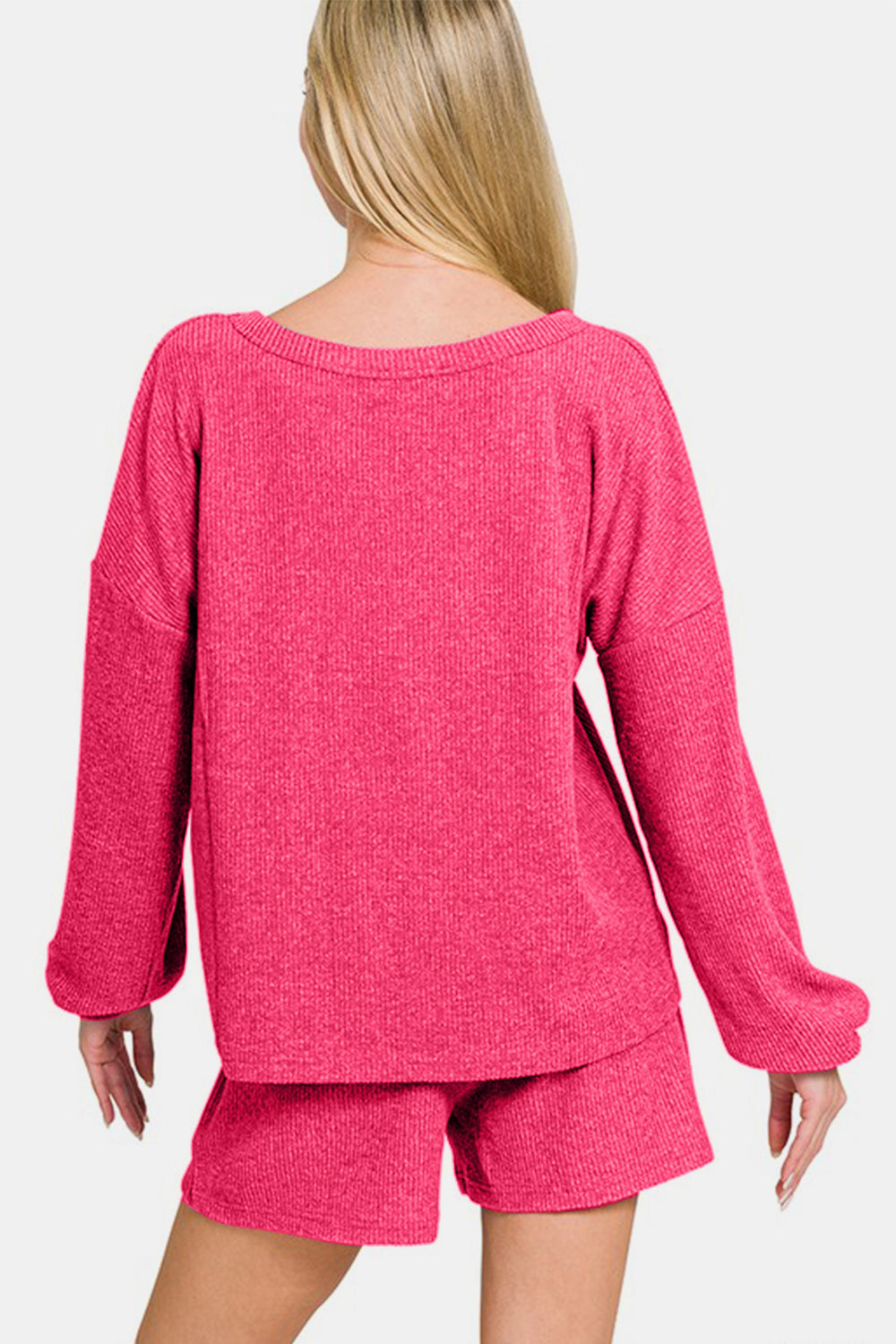 Zenana V-Neck Long Sleeve Ribbed Top and Shorts Set in Strawberry