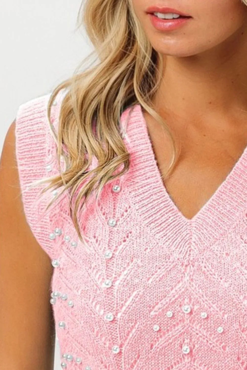 BiBi Chevron Pointelle Pearl Knit Top in Blush