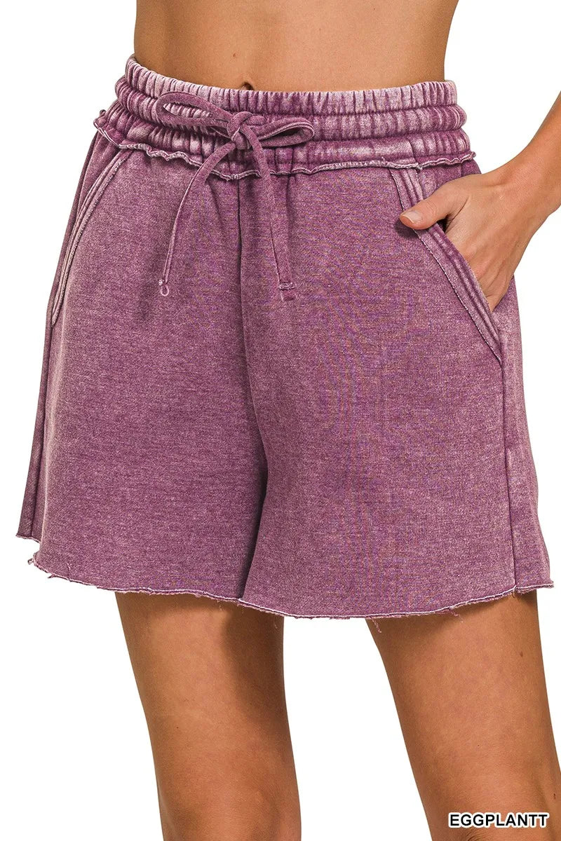 Zenana Acid Wash Fleece Drawstring Shorts With Pockets in Eggplant