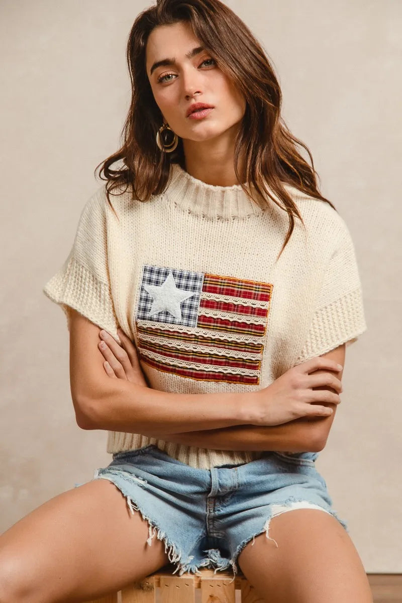 BiBi American Flag Patchwork Drop Shoulder Sweater