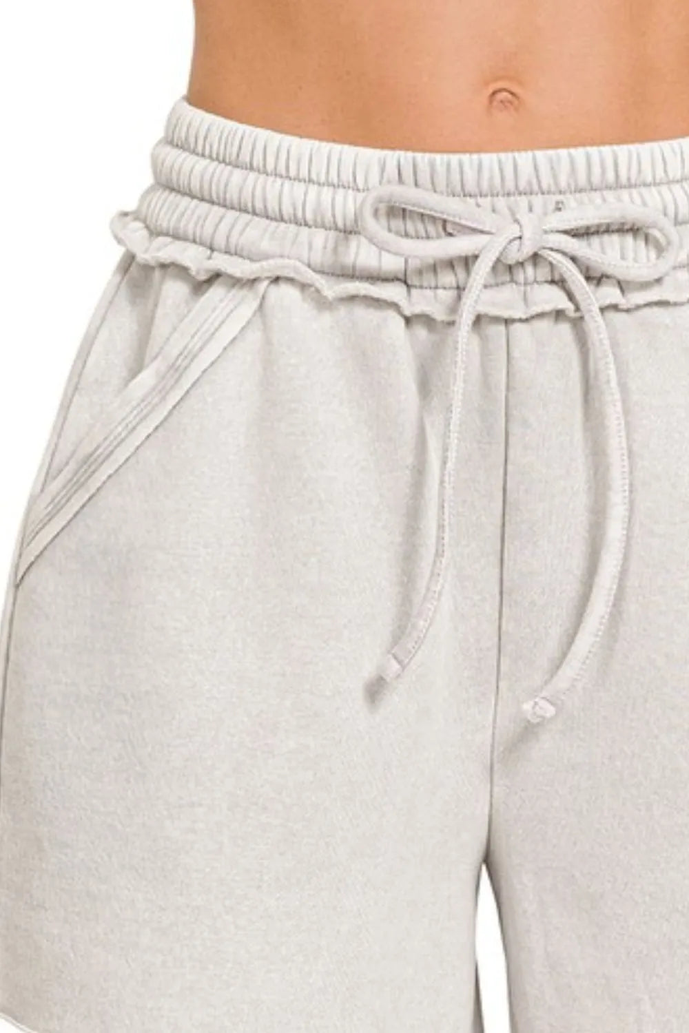 Zenana Acid Wash Fleece Drawstring Shorts With Pockets in Cement